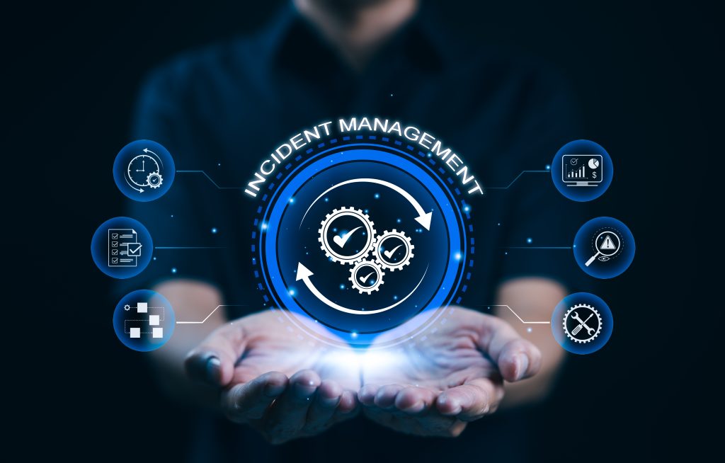 Incident Management and Resolving Unexpected Problems. A person holding incident management icons, risk assessment, data analysis, and problem resolution. approach to managing unexpected issues.