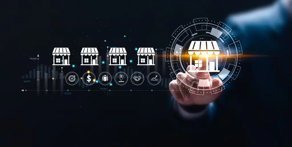 Franchise business concept, Businessman touching virtual franchise business icon for franchise network business marketing plan for branch growth and expansion.