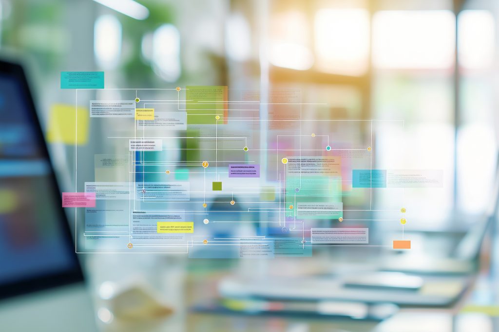 Digital flowcharts representing building permit application process. Concept visualization highlights complexities of building permit application process in modern workflows